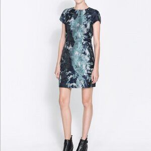Zara Basic jacquard seafoam navy blue fitted dress size XS